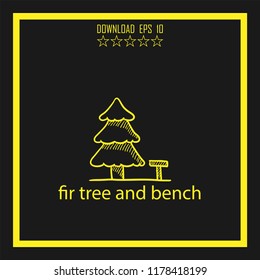 fir tree and bench sketch vector icon