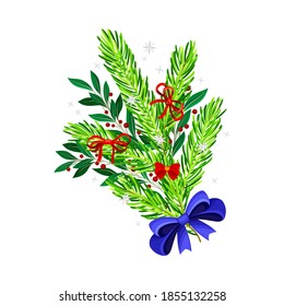 Fir Tree and Berry Branch Decorated with Bow as Christmas Vector Composition