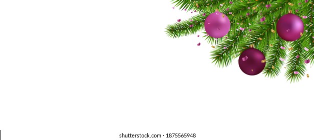 Fir Tree Border With Christmas Ball White Background With Gradient Mesh, Vector Illustration