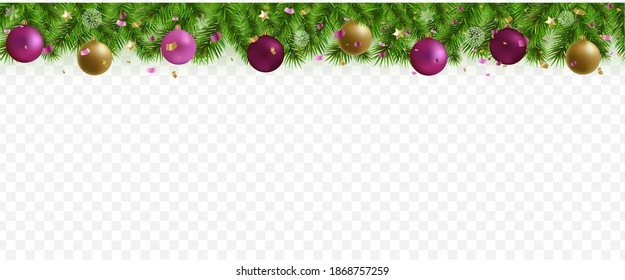 Fir Tree Border With Christmas Toys White Background With Gradient Mesh, Vector Illustration