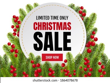 Fir Tree Border With Holly Berry And White Banner With Gradient Mesh, Vector Illustration