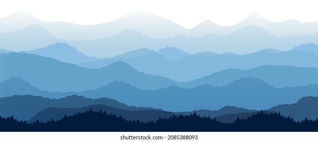 Fir Tree Border Panoramic View Of The Mountain, Vector Illustration