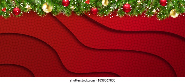 Fir Tree Border With Red Background With Gradient Mesh, Vector Illustration