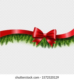 Fir Tree Border With Red Bow And Ribbon Transparent background With Gradient Mesh, Vector Illustration