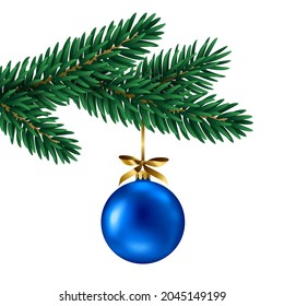 Fir tree branch with blue ball hanging, isolated on white background. Vector illustration. Merry Christmas and Happy New Year 2022 corner border frame for card, banner, flyer, party poster