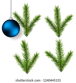Fir tree branch and blue christmas ball  isolated on white background for design decoration. Vector eps10 illustration
