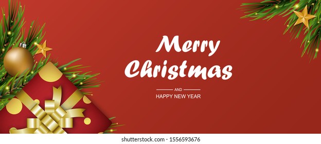 Fir tree branch border with golden decoration, ball, star, gift box on red background with copyspace. Holiday illustration frame for poster, header, banner. Merry Christmas and Happy New Year concept.