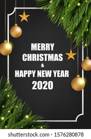 Fir tree branch border with golden decorations and glitter light on black background with copy space. Holiday illustration frame for poster, greeting card. Merry Christmas and Happy New Year concept.