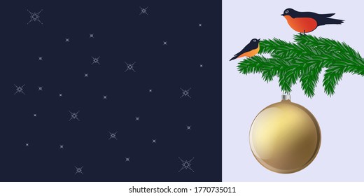 Fir tree branch, bullfinches, Christmas ball, shiny, - dark blue background - vector. Banner. Christmas decoration. Winter holidays svg