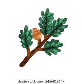 Fir tree branch with cone. Green spruce twig. Christmas winter design element. Coniferous pine plant stalk with pinecone, evergreen needles. Flat vector illustration isolated on white background
