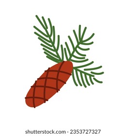 Fir Tree Branch with Cone. Vector Christmas Decoration in Flat Style.