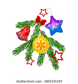 Fir Tree Branch Decorated with Bow and Christmas Bauble Vector Composition