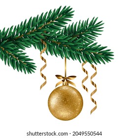 Fir tree branch with gold ball and confetti hanging, isolated on white background. Vector illustration. Merry Christmas and New Year 2022 corner border frame for card, banner, flyer, party poster