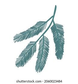 Fir tree branch isolated on white background. Simple hand drawn pine botanical minimalist Christmas, New Year, winter holidays design element clip art vector illustration.