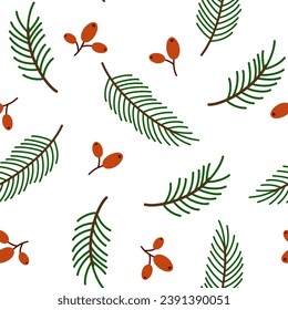 Fir tree branch with red berries seamless pattern. Spruce twig, conifer plant with green needles, wood cone. Winter seasonal coniferous sprig. Christmas holiday background. Flat vector illustration 