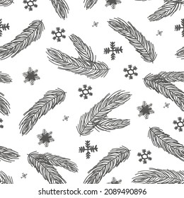 Fir tree branch seamless pattern, winter background.  christmas holly, spruce branches, snowflake