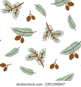 Fir tree branch seamless pattern. Spruce twig, conifer plant with green needles, wood cone. Winter seasonal coniferous sprig. Christmas holiday background. Flat vector illustration 