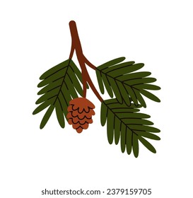 Fir tree branch. Spruce twig, conifer plant with green needles, wood cone. Winter seasonal coniferous sprig. Christmas holiday natural element. Flat vector illustration isolated on white background