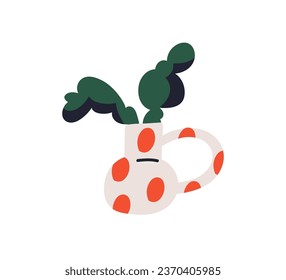 Fir tree branches in ceramic vase. Christmas twigs, green conifer plants in jug, pitcher. Natural Xmas decoration. Winter holiday decor. Flat graphic vector illustration isolated on white background