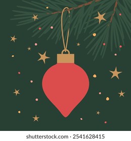 Ramas de abeto con chuchería de Navidad y puntos y estrellas de colores - Ilustración vectorial