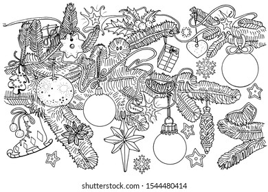 Fir tree branches and Christmas decorations, balls, cookies, fruits, snowflakes, stars. Doodle style outline illustration. Greeting card, scrapbooking, New year holiday invitation, coloring book page.