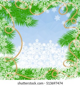 Fir tree branches with decorations, garland and snowflakes. Winter holidays snowy background. Vector realistic illustration.