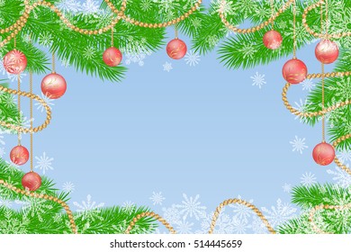 Fir tree branches with decorations, garland, balls and snowflakes. Winter holidays snowy background. Vector realistic illustration.
