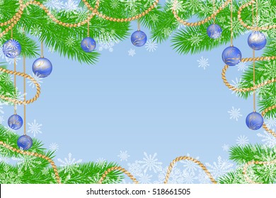 Fir tree branches with decorations, garland, balls and snowflakes. Winter holidays snowy background. Vector realistic illustration.