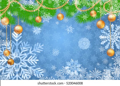 Fir tree branches with decorations, garland, balls and snowflakes. Winter holidays snowy background. Vector realistic illustration.