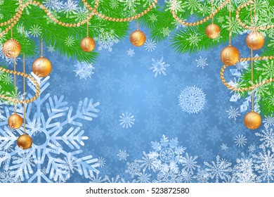 Fir tree branches with decorations, garland, balls and snowflakes. Winter holidays snowy background. Vector realistic illustration.