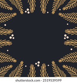 Fir Tree Branches Frame. Cute New Year and Christmas Background. Gold and Black Spruce Twigs Festive Border.