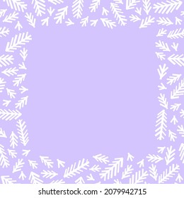 Fir tree branches frame on a blue background. Christmas card template, seamless pattern, square frame for greeting card with place for text. Merry Christmas and Happy New Year concept.