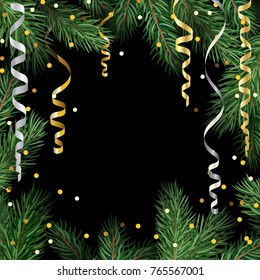Fir Tree branches, golden Confetti, Serpentine. New year holidays vector background.