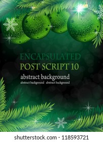Fir tree branches with green baubles on a green  sparkling background