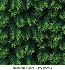 Fir tree branches pattern. Christmas background with green pine branching. Happy new year vector decor. Branch green fir background illustration