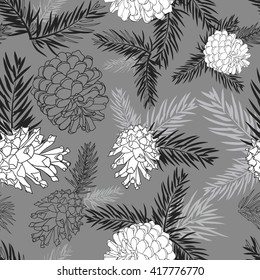 Fir tree branches with pine cone seamless background Black and white silhouette on gray background. Vector illustrations