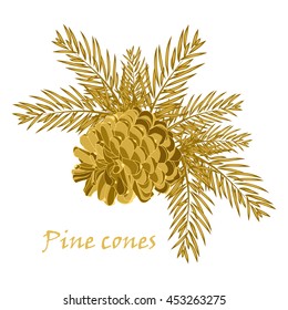 Fir tree branches with pine cone in golden color. Vector illustrations