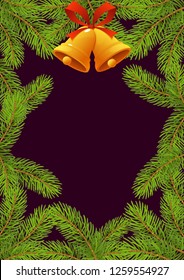 Fir tree branches with red bow and bells New Year frame vector