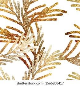 Fir Tree branches Seamless Pattern. Vector Background. Christmas Template with Glitter Effect.