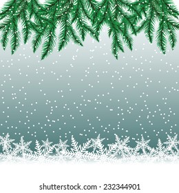Fir tree branches and snowflakes on colorful background. Christmas vector illustration.