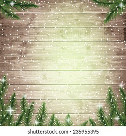 Fir tree branches and snowflakes on the wooden board. Christmas vector illustration. 