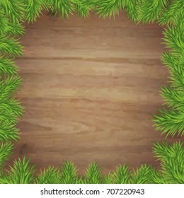 Fir Tree Branches And Wood Background, Vector Illustration