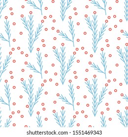 Fir Tree Branches Xmas Design on White Flat Seamless Pattern. Happy New Year and Merry Christmas Background. Winter Greeting Wallpaper. Vector Cartoon Holiday Printable Editable Illustration