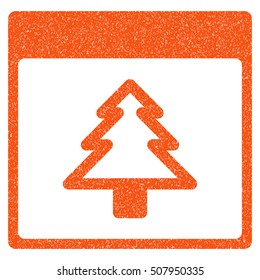 Fir Tree Calendar Page grainy textured icon for overlay watermark stamps. Flat symbol with dust texture. Dotted vector orange ink rubber seal stamp with grunge design on a white background.
