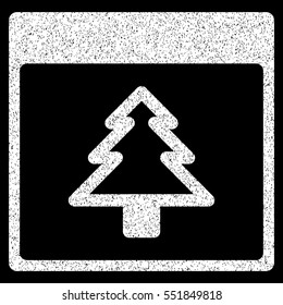 Fir Tree Calendar Page grainy textured icon for overlay watermark stamps. Flat symbol with dust texture. Dotted vector white ink rubber seal stamp with grunge design on a black background.