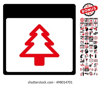 Fir Tree Calendar Page icon with bonus calendar and time management graphic icons. Vector illustration style is flat iconic symbols, intensive red and black, white background.