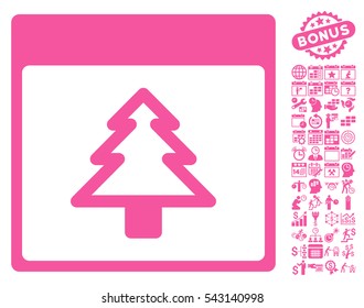 Fir Tree Calendar Page icon with bonus calendar and time management graphic icons. Vector illustration style is flat iconic symbols, pink, white background.