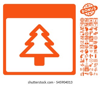 Fir Tree Calendar Page icon with bonus calendar and time management design elements. Vector illustration style is flat iconic symbols, orange, white background.
