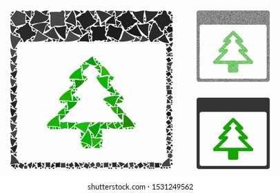 Fir tree calendar page mosaic of tuberous items in variable sizes and color tones, based on fir tree calendar page icon. Vector irregular parts are combined into mosaic.