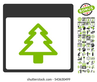 Fir Tree Calendar Page pictograph with bonus calendar and time management graphic icons. Vector illustration style is flat iconic symbols, eco green and gray, white background.